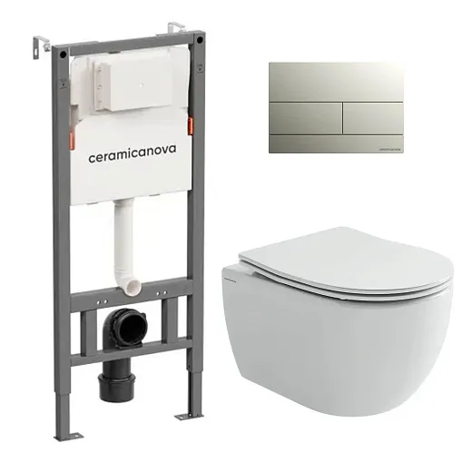Комплект: инсталляция Ceramicanova Balance с кнопкой Balance Rect брашированный никель и унитаз подвесной Ceramicanova Play Tornado с сиденьем микролифт