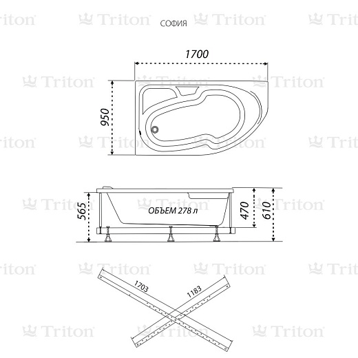 Ванна гидромассажная Тритон София 170x95 левая Релакс