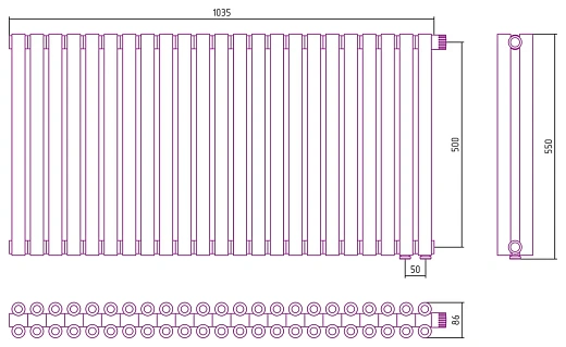 Радиатор стальной трубчатый Сунержа Эстет-00 EU50, ширина 105 см, высота 50 см, 23 секции, нижнее подключение левое EU50/правое EU50, хром, 00-0322-5023