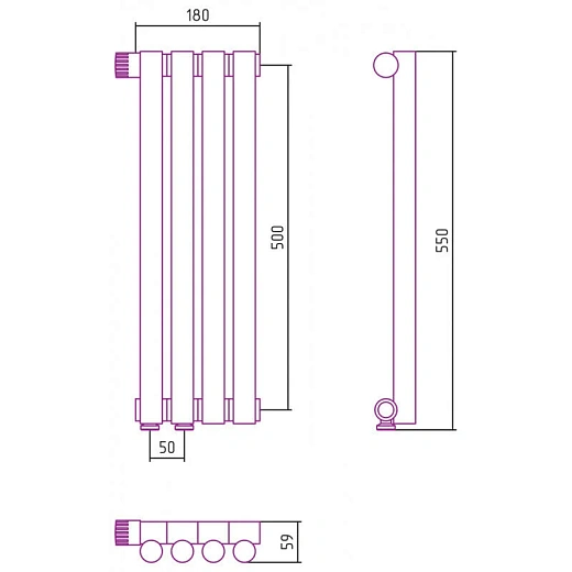 Радиатор трубчатый Сунержа Эстет-1 EU50, 4 секции, левое/правое нижнее подключение, цвет матовая шампань, 022-0310-5004/022-0311-5004