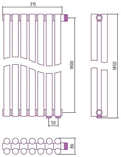 Радиатор стальной трубчатый Сунержа Эстет-11 EU50, ширина 35 см, высота 180 см, 7 секций, нижнее подключение левое EU50/правое EU50, хром, 00-0312-1807