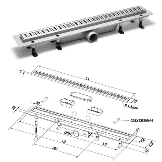 Дренажный канал PlastBrno Design 1, 85 см, SZA1850