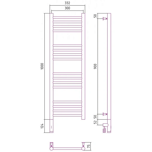 Полотенцесушитель электрический Сунержа Богема 3.0, высота 100 см, ширина 30 см, диммер слева/справа, цвет состаренная латунь, 051-5804-1030/051-5805-1030