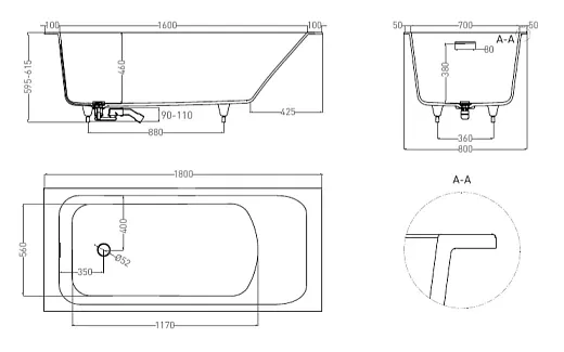 Ванна Salini Orlanda Kit 102112MF, 180 х 80 см, из искусственного камня S-Sense, цвет белый матовый, покраска по RAL полностью