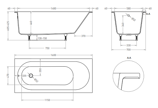 102326M Ванна Salini ORNELLA 160х70 (S-Stone, матовый)