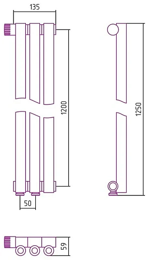 Радиатор стальной трубчатый Сунержа Эстет-0 EU50, ширина 15 см, высота 120 см, 3 секции, нижнее подключение левое EU50/правое EU50, хром, 00-0320-1203/00-0321-1203