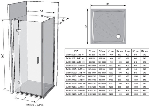 Душевой уголок Ravak SmartLine SMSD2+SMPS 100x80 стекла прозрачные, профиль хром (левый)