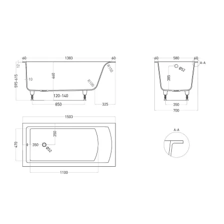 Ванна Salini Cascata 105011MF, 150 х 70 см, из искусственного камня S-Sense, цвет белый матовый, покраска по RAL полностью